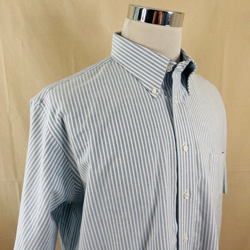 Stafford 17.5 Classic Fit Oxford Dress Shirt Blue White Striped Short Sleeve